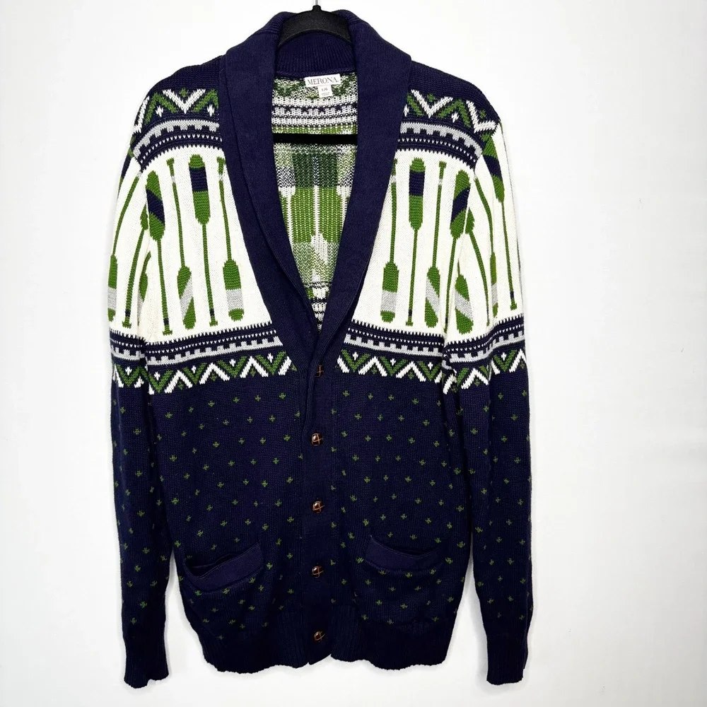 Merona Blue Oars Nautical Fair Isle Cardigan Sweater Mens Size L Cotton‎ Classic